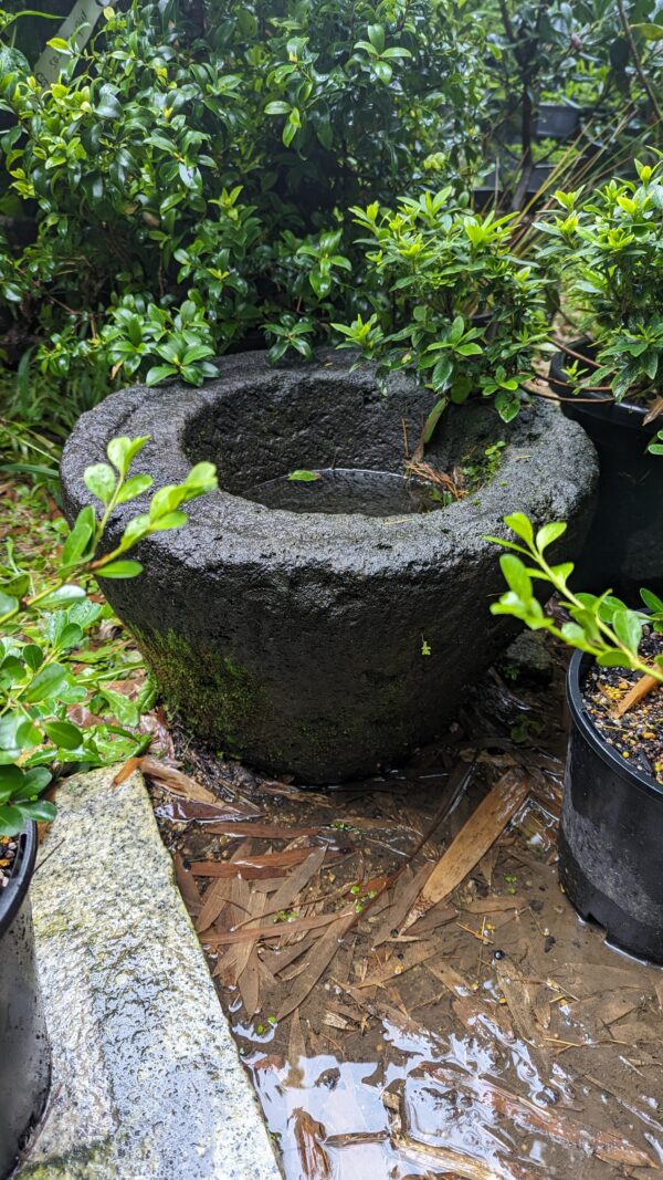 Dark grey stone water bowl filled with water